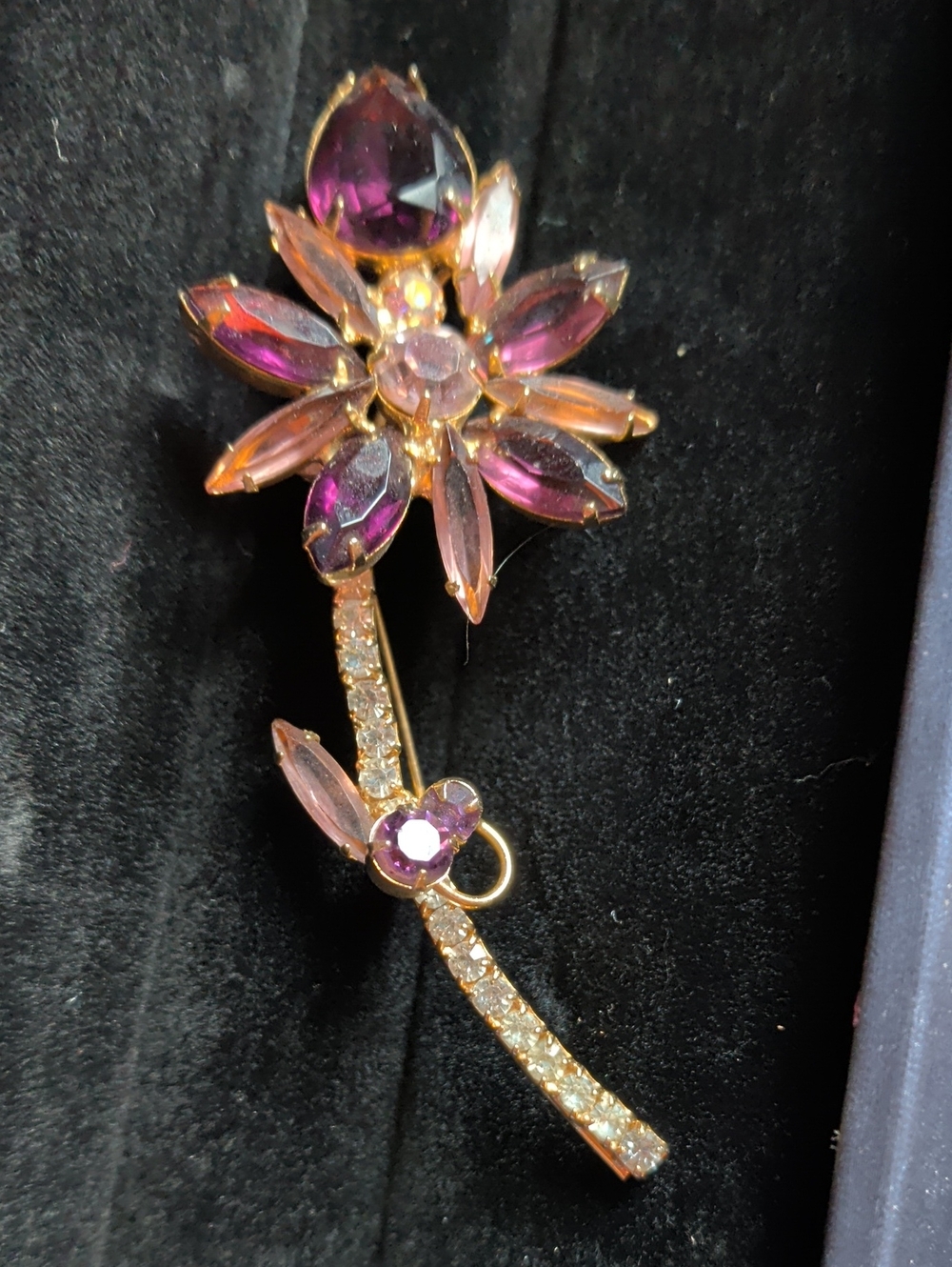 Vintage DeLizza & Elster juliana Purple Floral Crystal Brooch